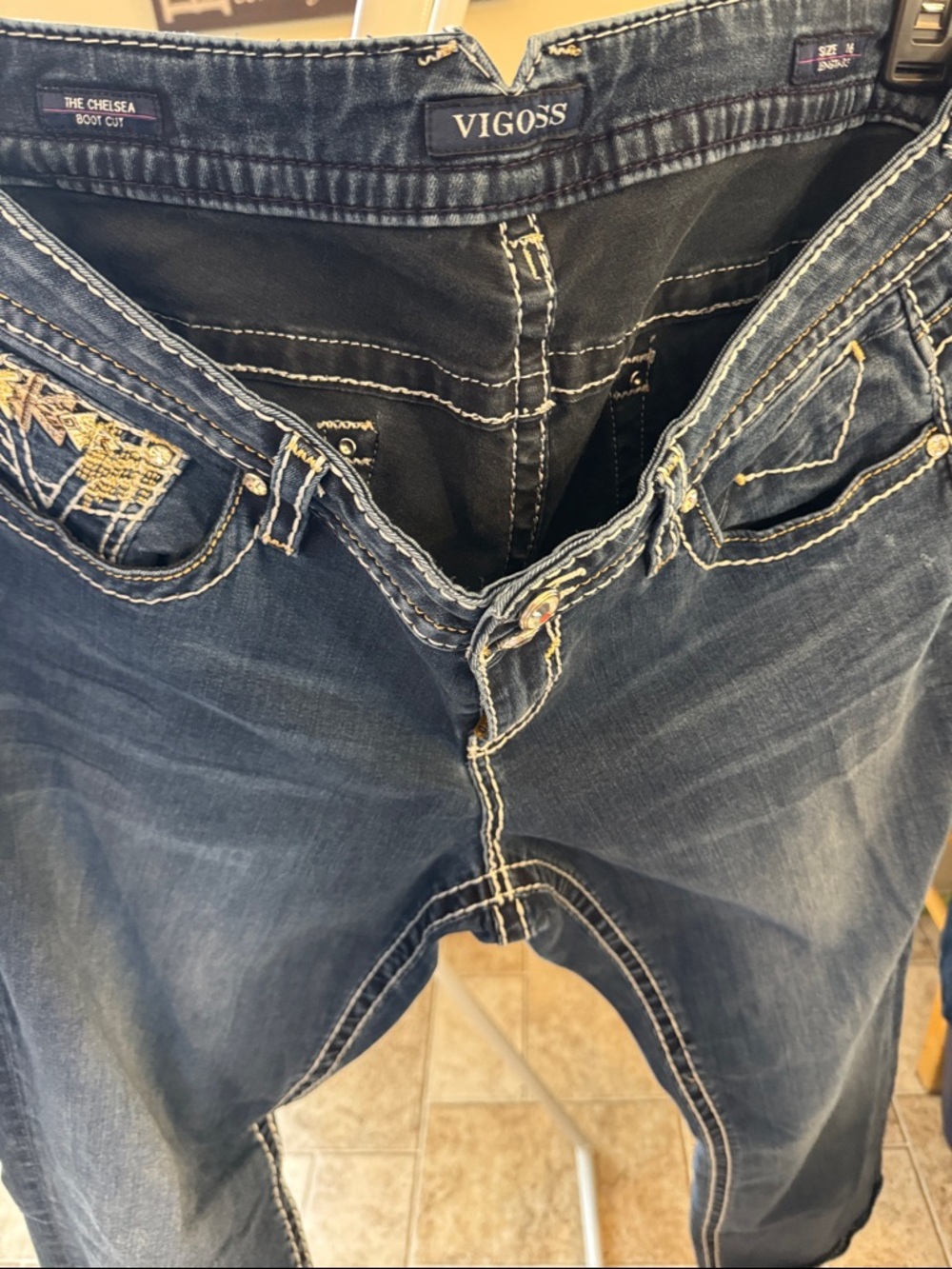 Vigoss Chelsea Bootcut Dark Blue Denim Jeans with White Stitching - Picture 5 of 7